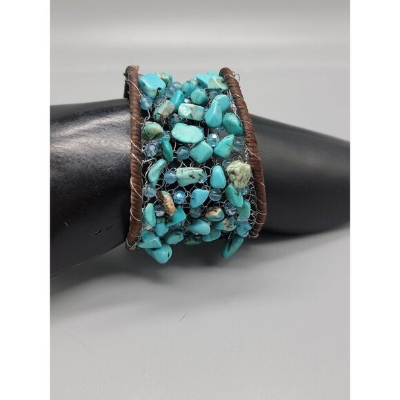 Chunky Turquoise Open Cuff Bracelet Wire Stitched Stones Handcrafted Size 7.5" - Picture 8 of 16